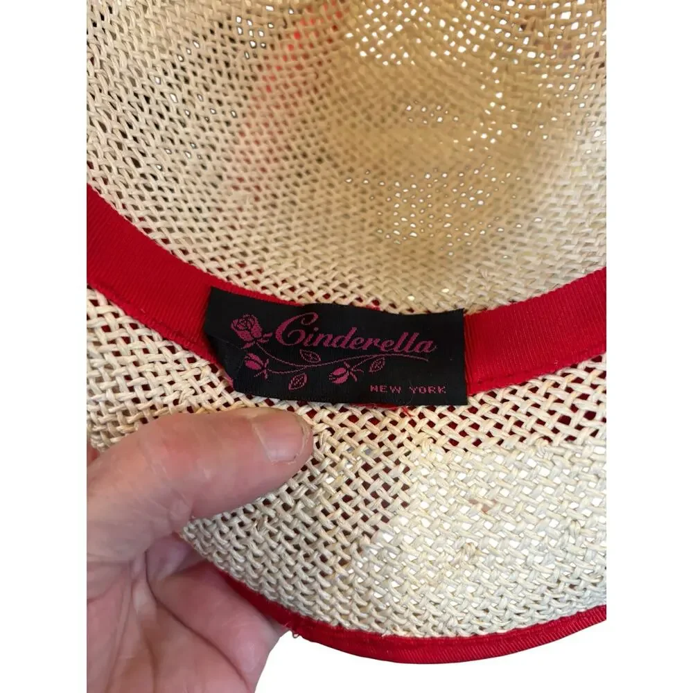 50s Red Ribbon Straw Cloche Hat Cinderella New York Picnic Rockabilly